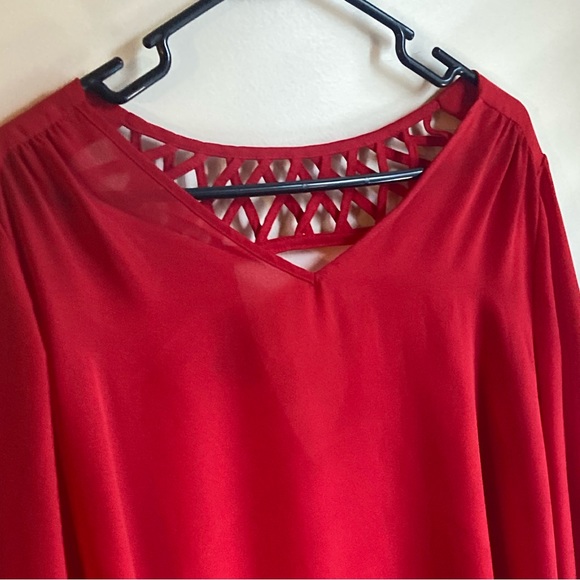 BCX by Macy's Red Blouse, V-Neck Front, Lattice & V-Neck Back, Size XL - Picture 3 of 13